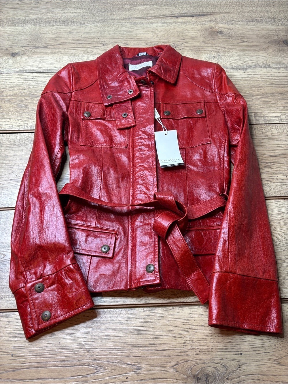 A. Raspini Vera Pelle Red Leather Belted Utility Jacket Size Medium NWT - Picture 1 of 12